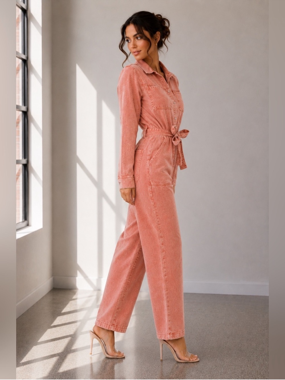 Coral Washed Denim Button-Up Utility  S Jumpsuit Belted 100% Cotton - Picture 10 of 11